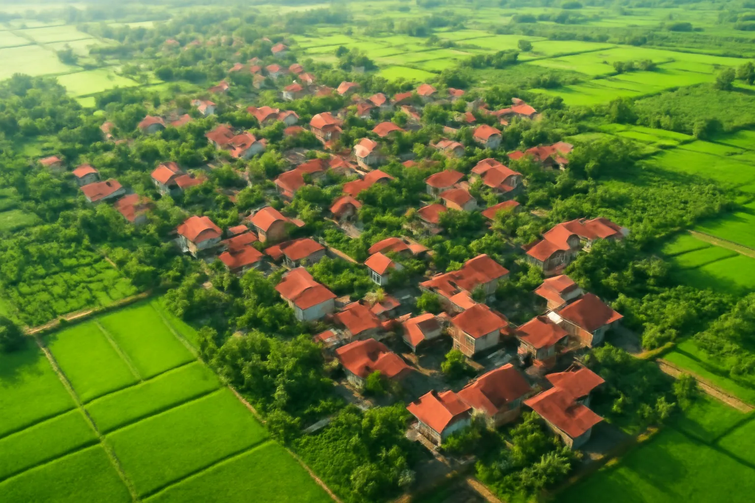 Một làng ven đô nhìn từ trên cao với mái nhà, ruộng lúa và vườn cây xen nhau