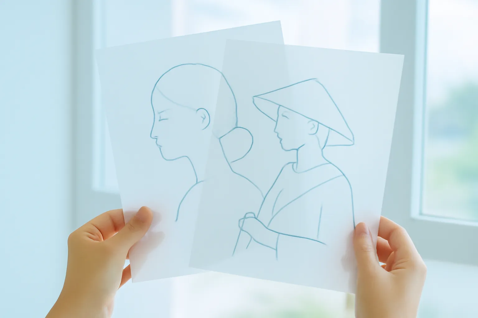 Bàn tay nâng hai tờ giấy bóng kính có nét vẽ chồng lên nhau trước cửa sổ sáng