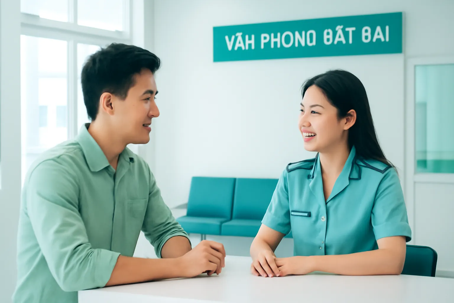 Chàng trai trao đổi với nữ cán bộ địa chính qua quầy tiếp dân, cả hai mỉm cười