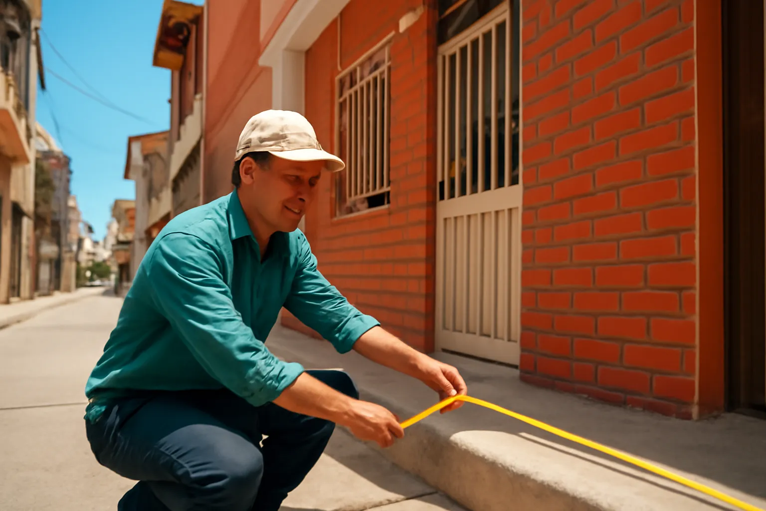 Người thợ đo đạc kéo thước dây từ mép đường vào mặt tiền một căn nhà phố