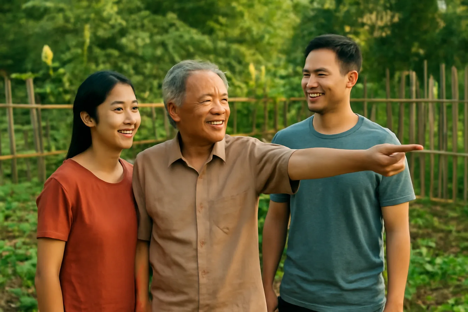 Ông bố lớn tuổi và hai người con đứng giữa vườn chỉ tay về phía hàng rào