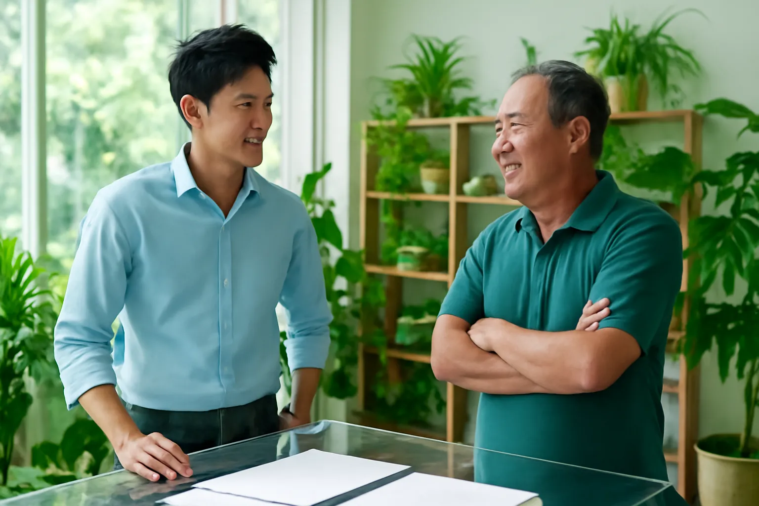 Kiến trúc sư trẻ và chủ đất trao đổi bên bàn kính trong văn phòng nhiều cây xanh