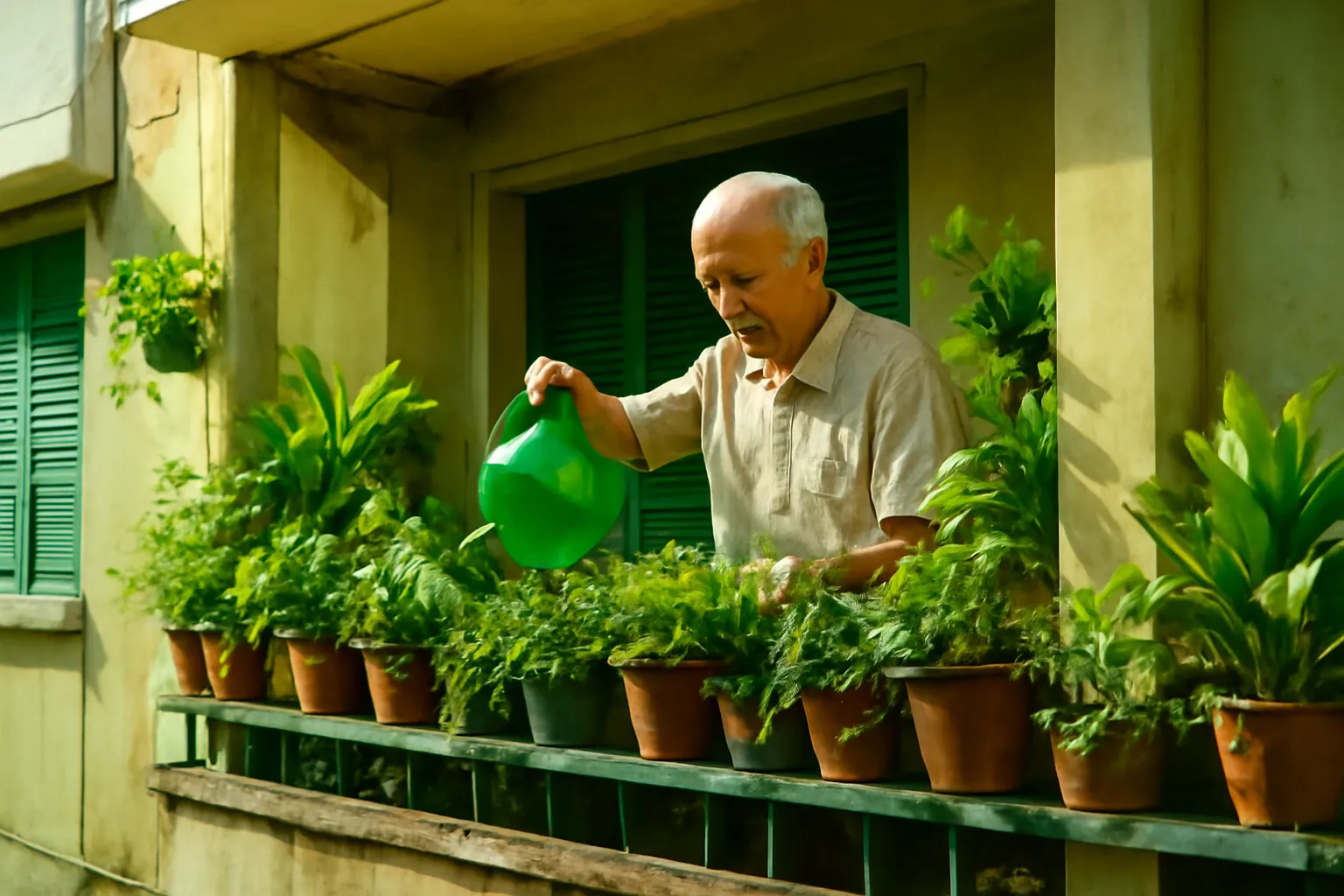 Cụ ông tưới cây trên ban công chung cư cũ nhiều chậu xanh, nhìn từ sân dưới lên