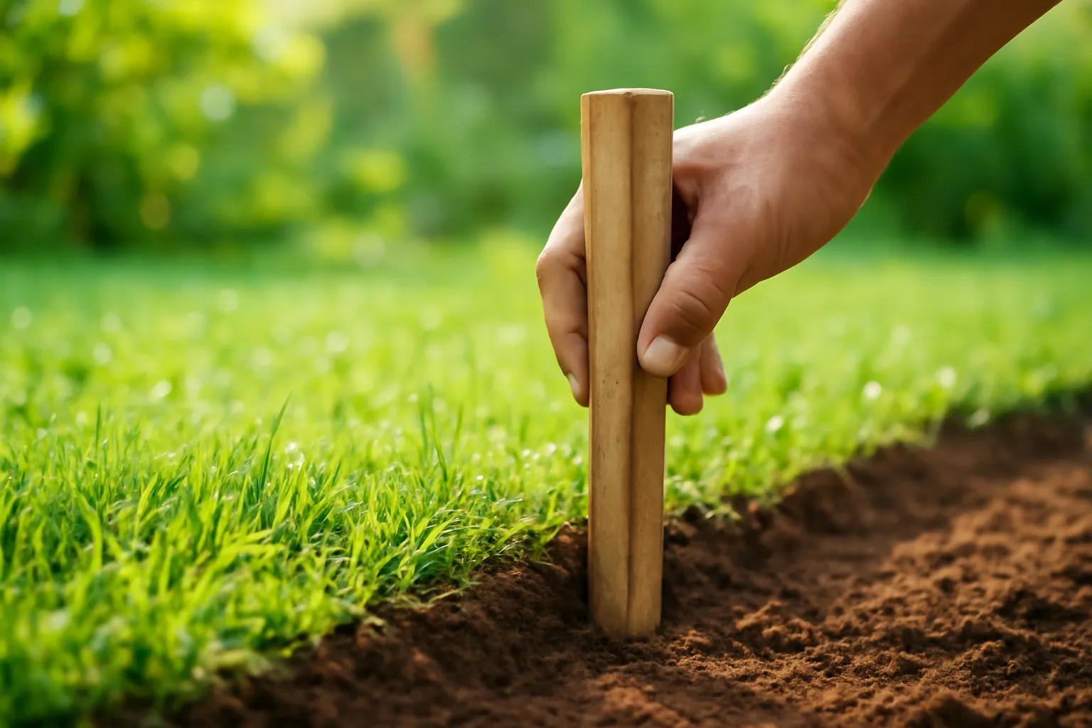 Bàn tay đặt cây cọc gỗ mới xuống góc vườn cỏ còn ướt sương buổi sáng