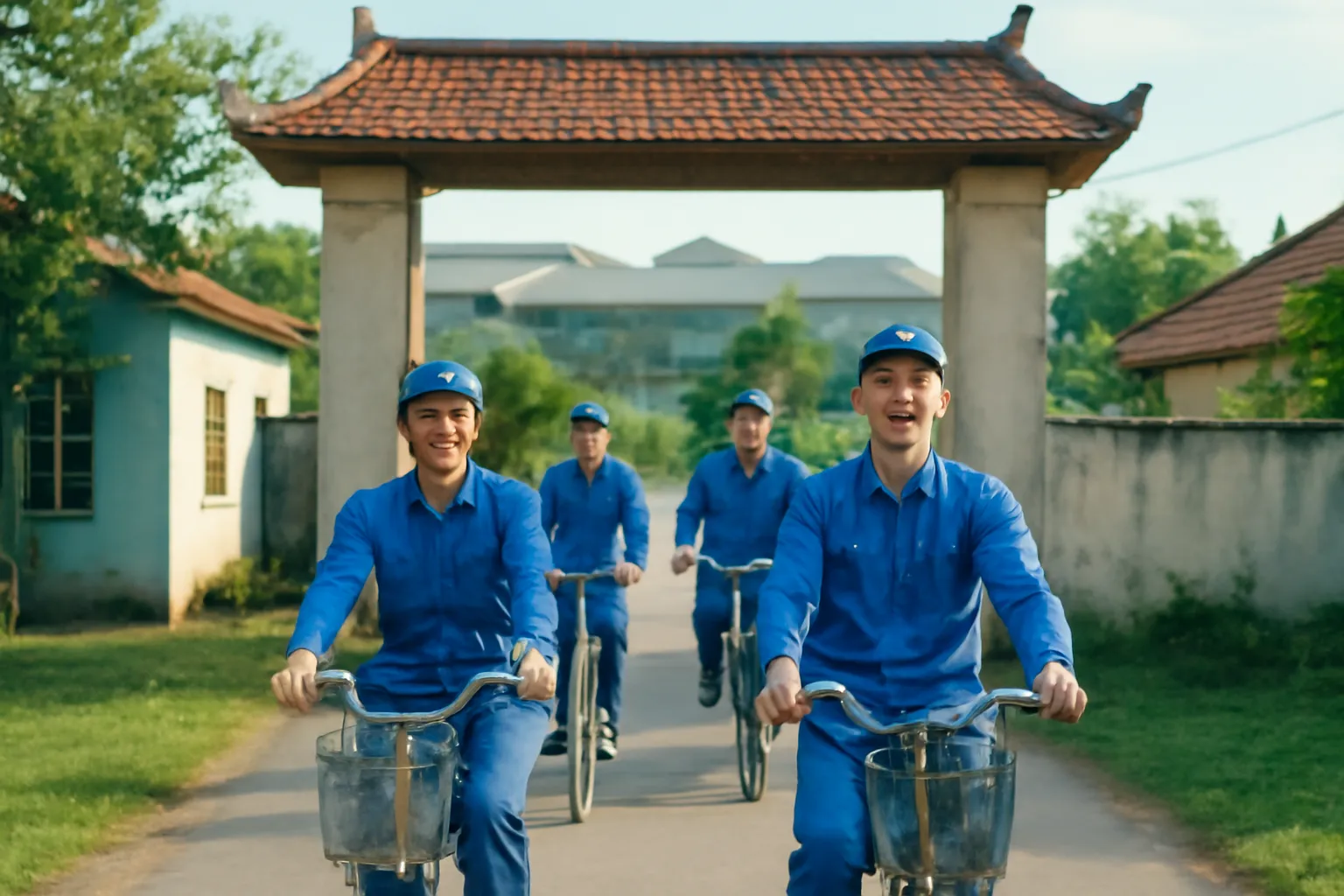 Công nhân áo xanh đạp xe tan ca qua cổng làng, nhà xưởng mái xám phía xa