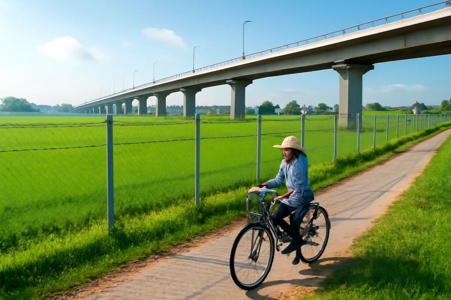 Đường cao tốc có hàng rào lưới chạy ngang cánh đồng, người đạp xe trên đường làng