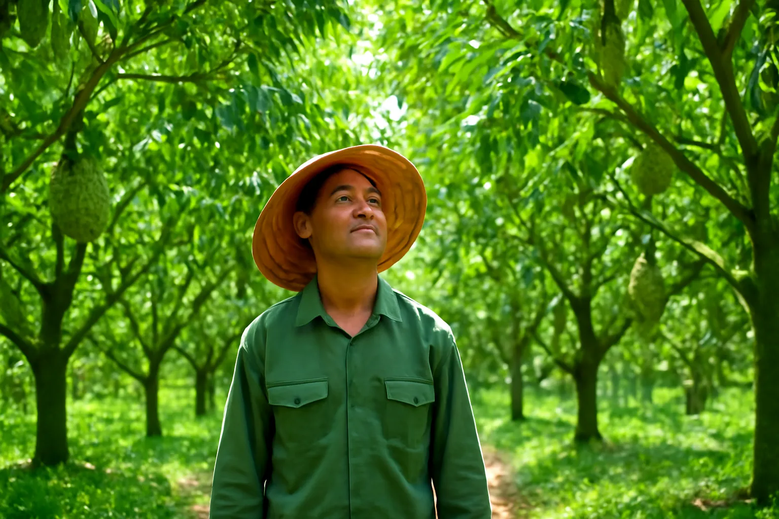 Người đàn ông đứng giữa hàng cây sầu riêng xanh mướt nhìn lên tán lá