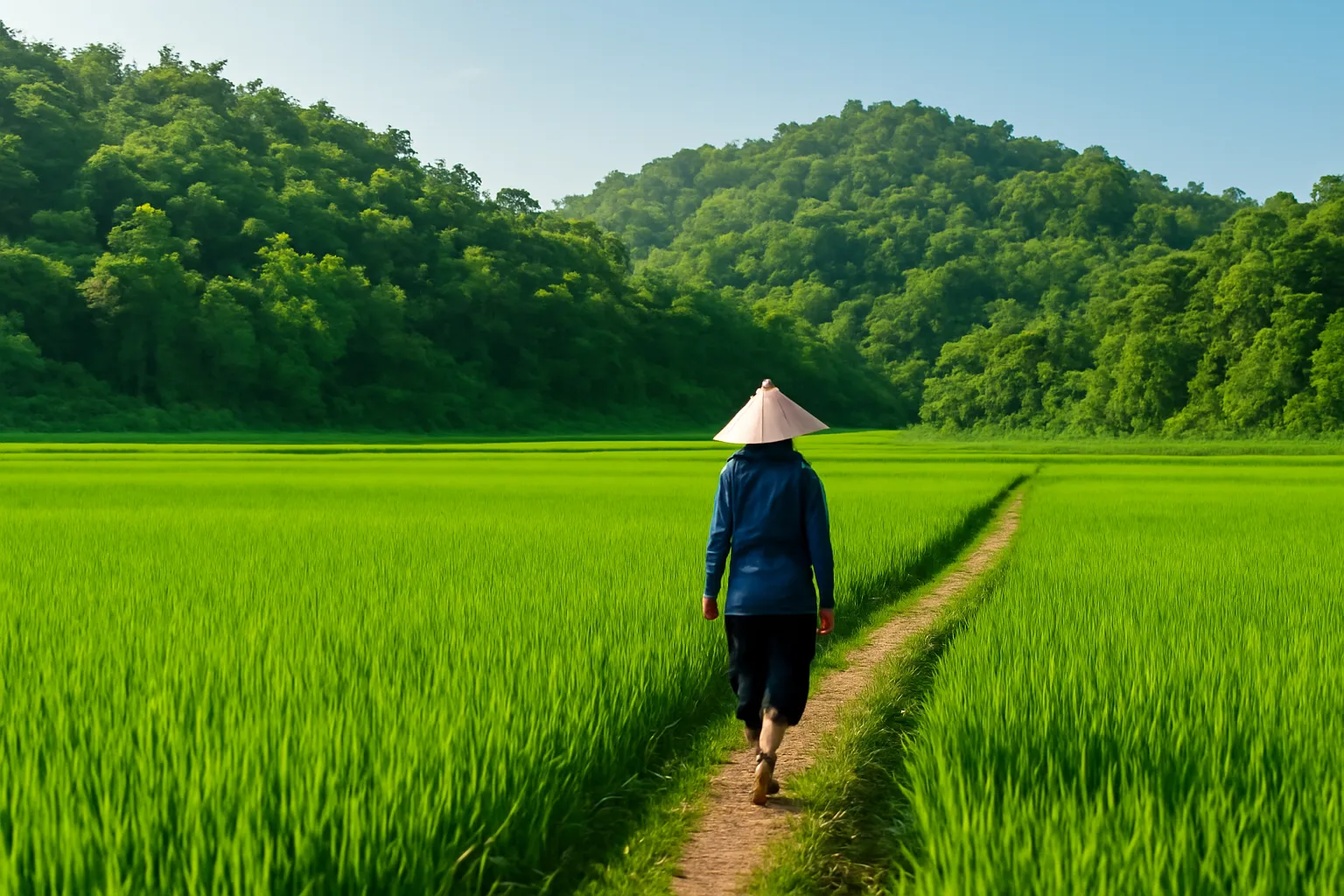 Cánh đồng lúa xanh giáp chân đồi rừng, bà cụ đội nón đi trên bờ ruộng