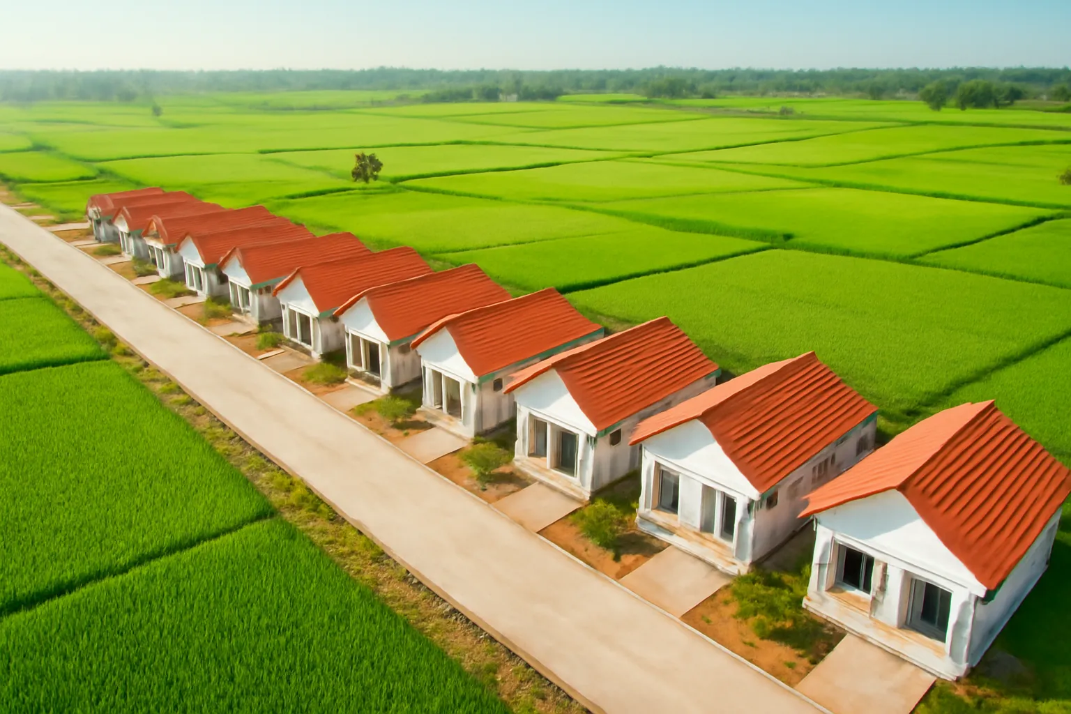 Dãy nhà mái đỏ mới xây thẳng hàng bên đường bê tông, đồng lúa phía sau