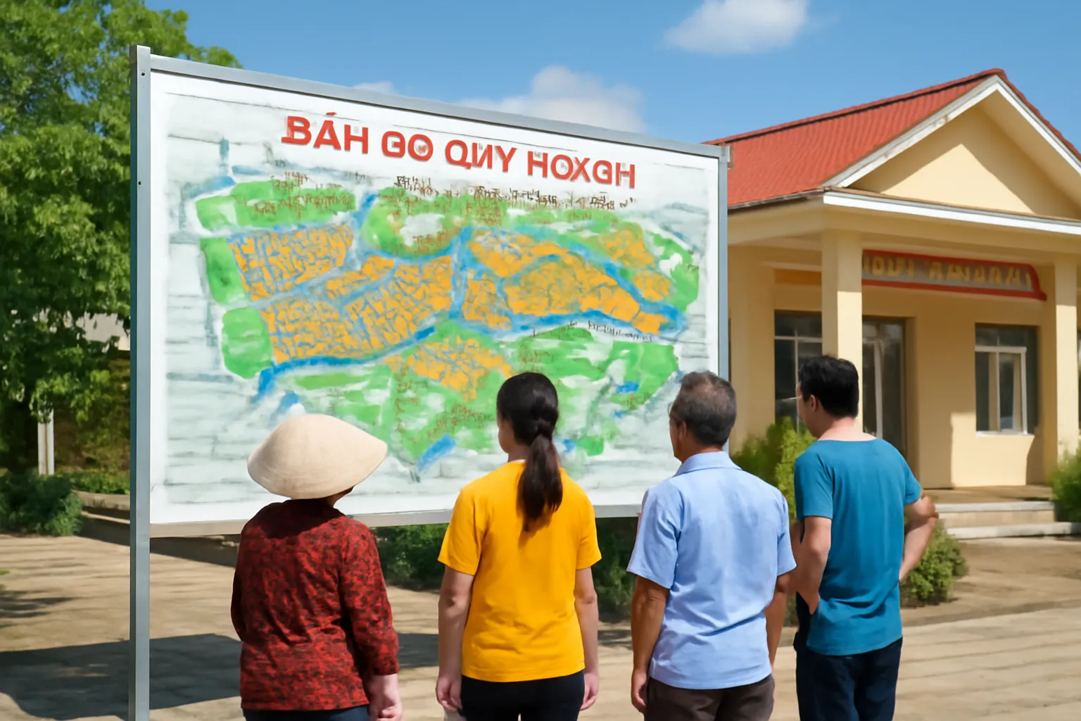Tấm pano bản đồ quy hoạch đặt ngoài trời trước nhà văn hoá, vài người đứng xem