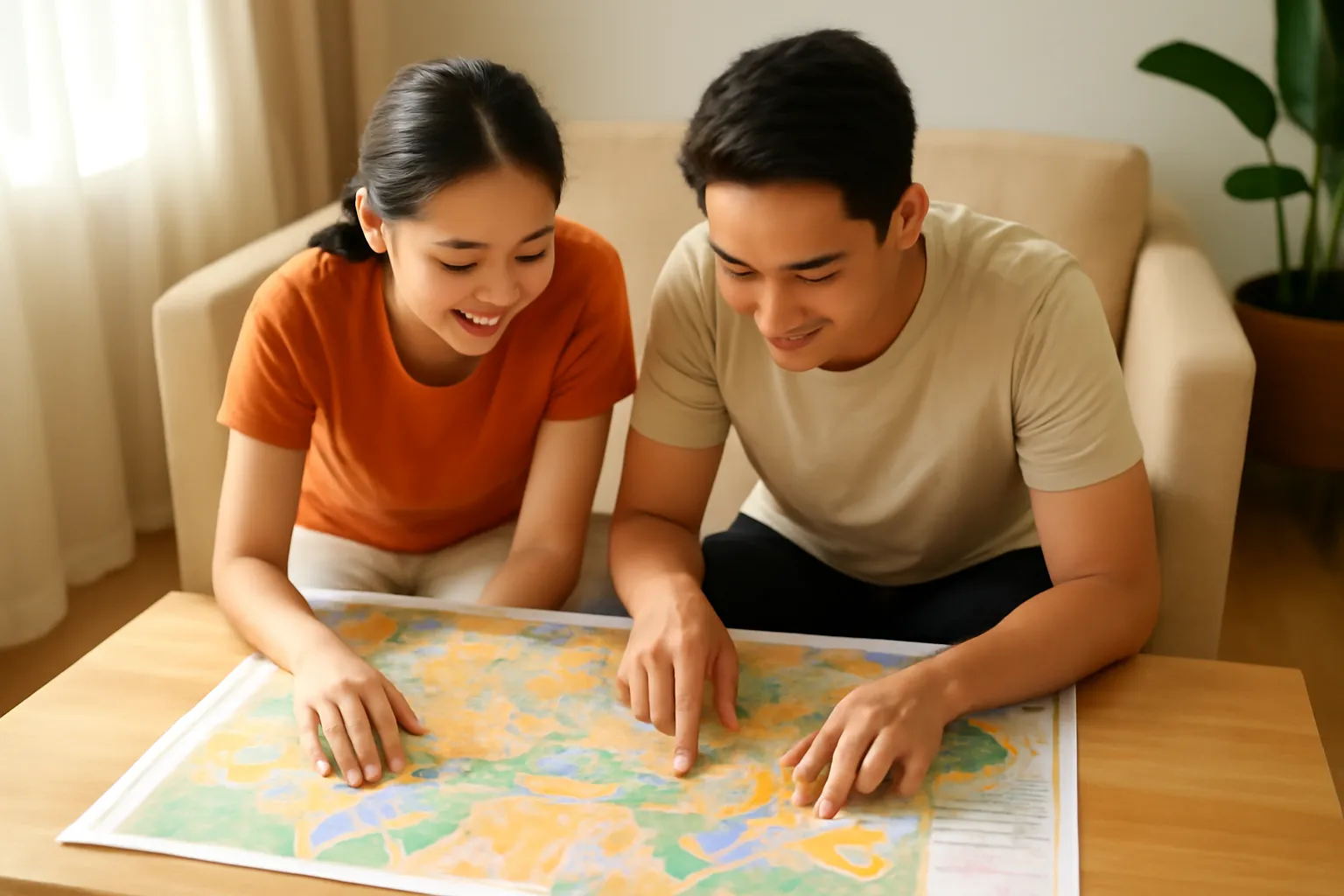 Cặp vợ chồng trẻ cúi xem tấm bản đồ quy hoạch trải trên bàn gỗ phòng khách