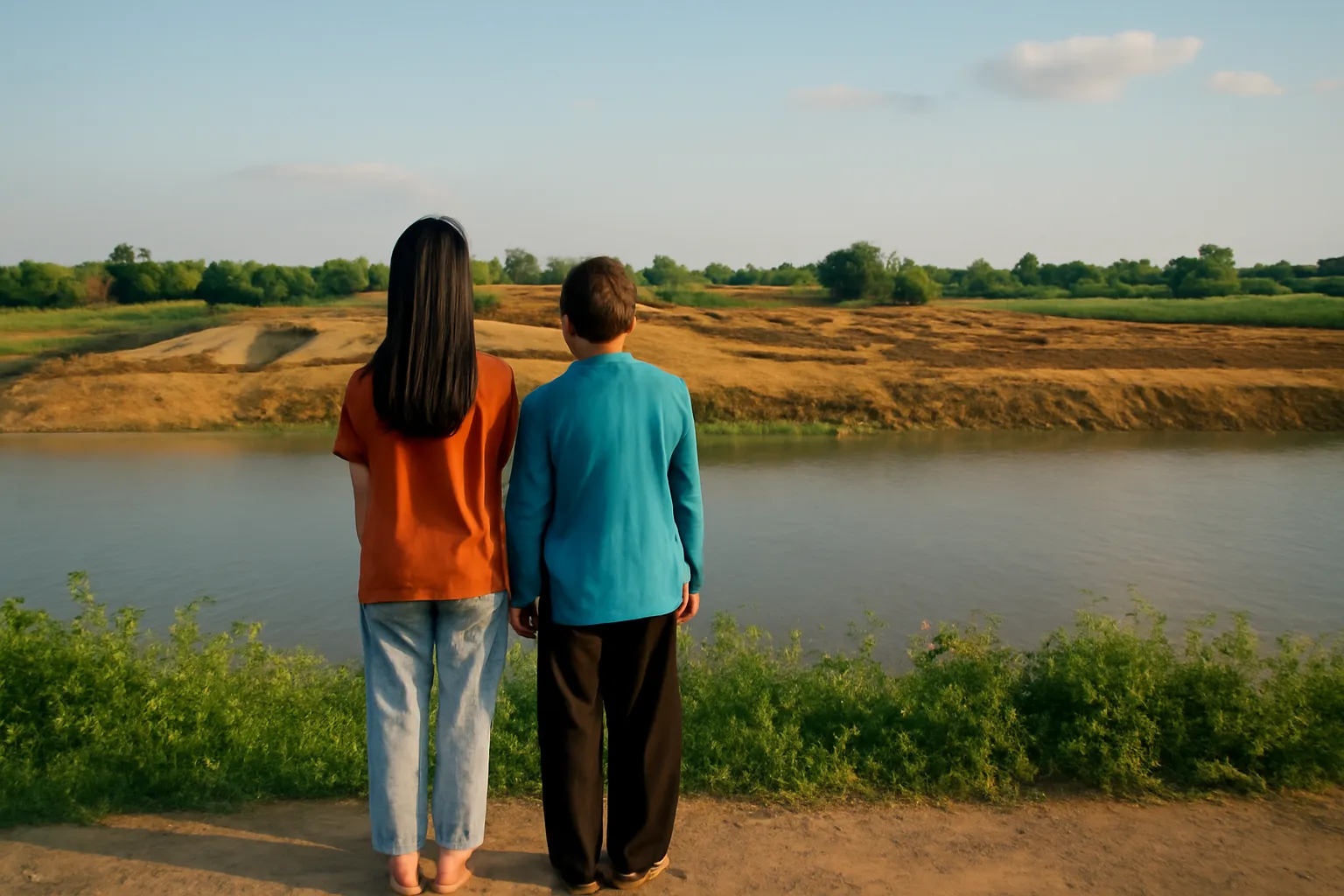 Cô gái trẻ và mẹ đứng trên đê nhìn ra khu đất đang san lấp xa xa lúc chiều muộn