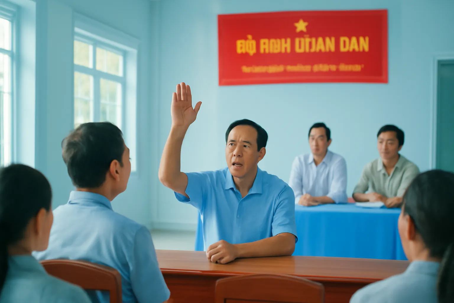 Hội trường thôn có người dân giơ tay phát biểu, cán bộ ngồi lắng nghe