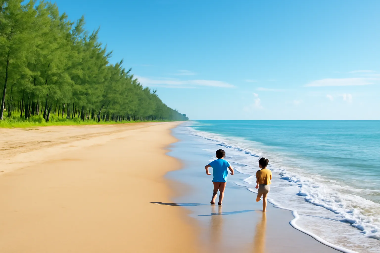 Bãi cát dài vắng người với hàng phi lao xanh, hai đứa trẻ chạy sát mép sóng