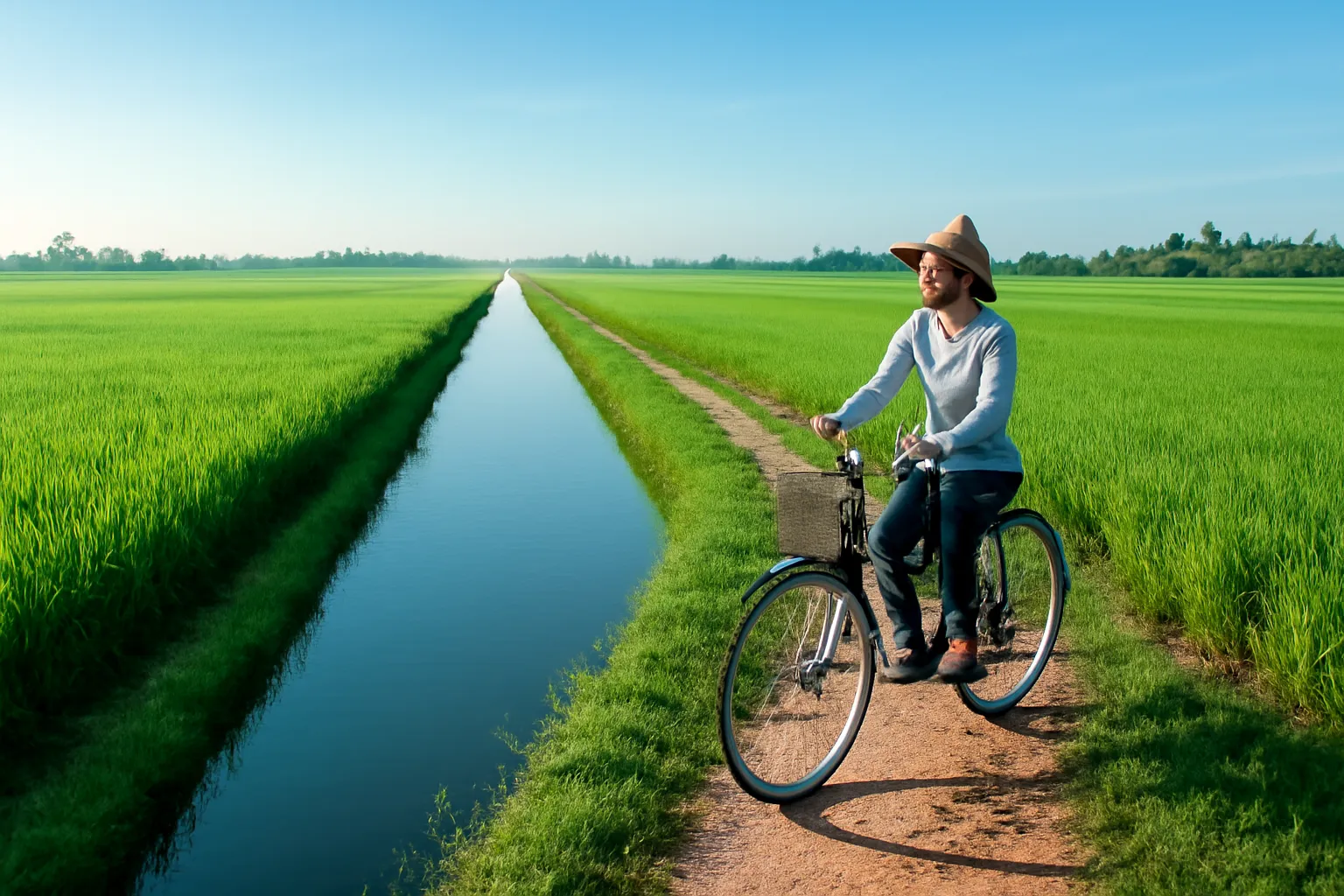 Con kênh thẳng nước trong giữa đồng, cô gái đạp xe trên bờ kênh buổi sớm