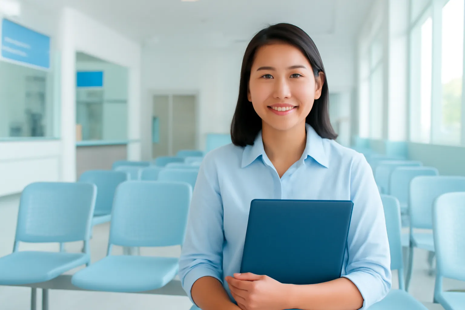 Người phụ nữ ngồi chờ ở sảnh bộ phận một cửa sáng sủa, tay cầm tập hồ sơ