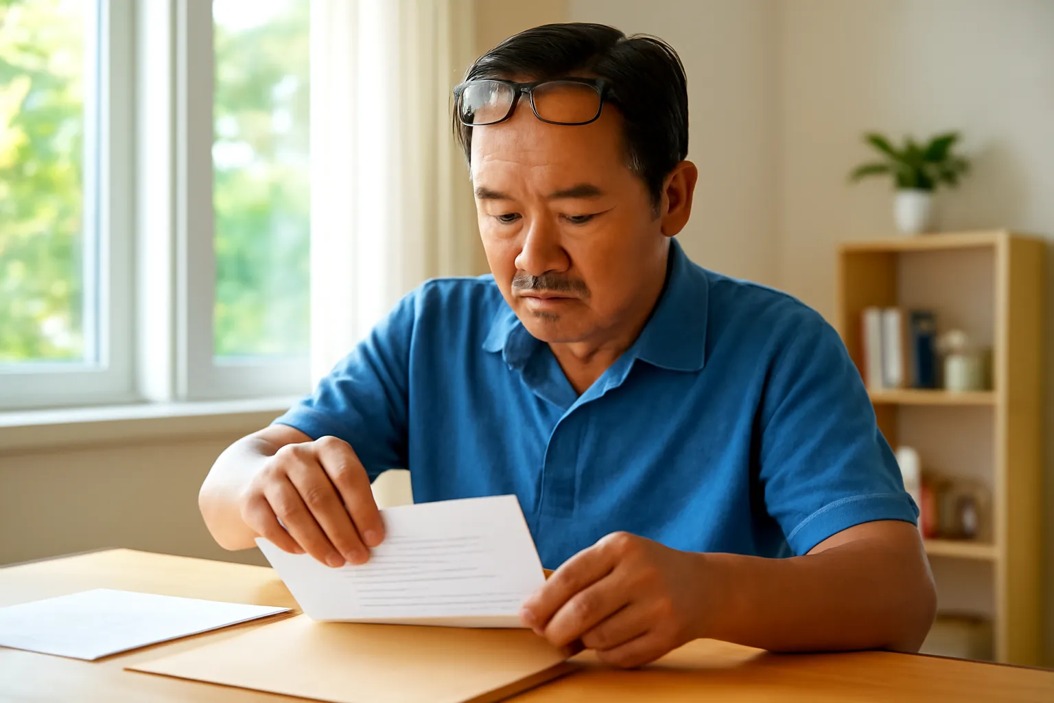 Người đàn ông trung niên đeo kính xếp giấy tờ vào bìa hồ sơ trên bàn trong nhà