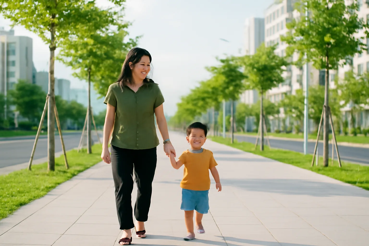 Người mẹ dắt con đi bộ trên vỉa hè rộng của khu đô thị mới, cây non hai bên