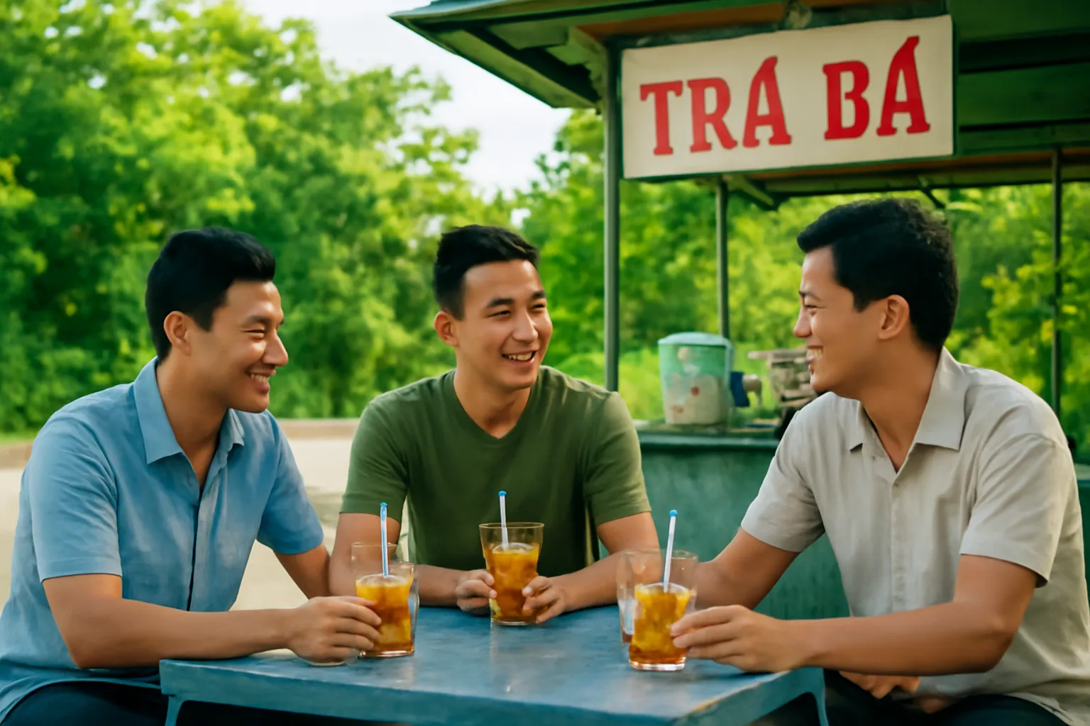 Ba người đàn ông ngồi quán nước ven đường quê trò chuyện bên cốc trà đá