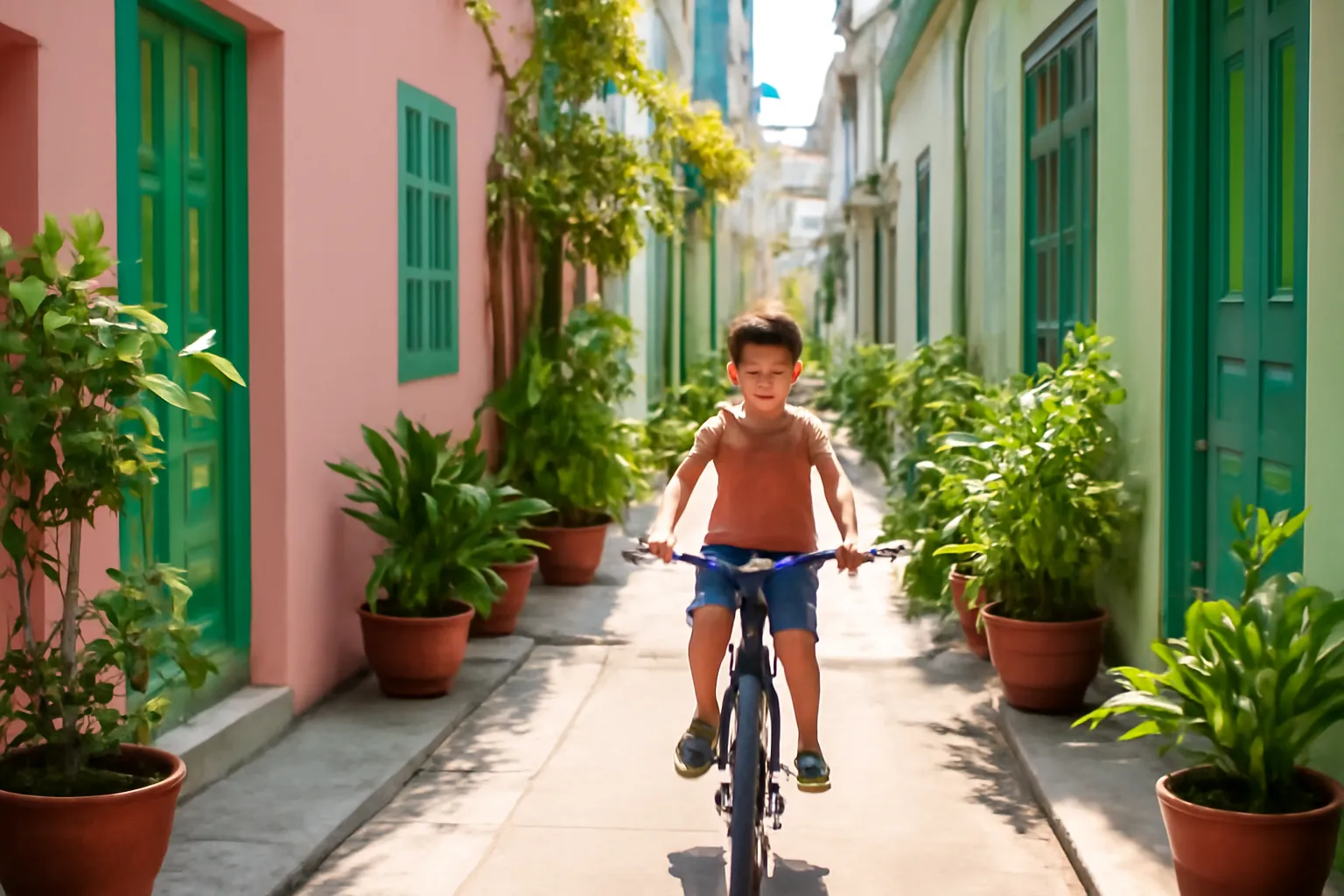 Con hẻm thành phố sạch sẽ với chậu cây trước cửa, cậu bé đạp xe ngang qua