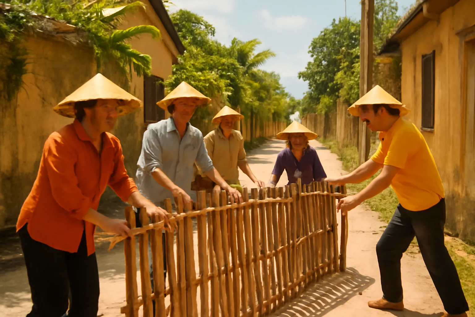 Bà con trong xóm cùng nhau dời hàng rào tre lùi vào để làm đường bê tông
