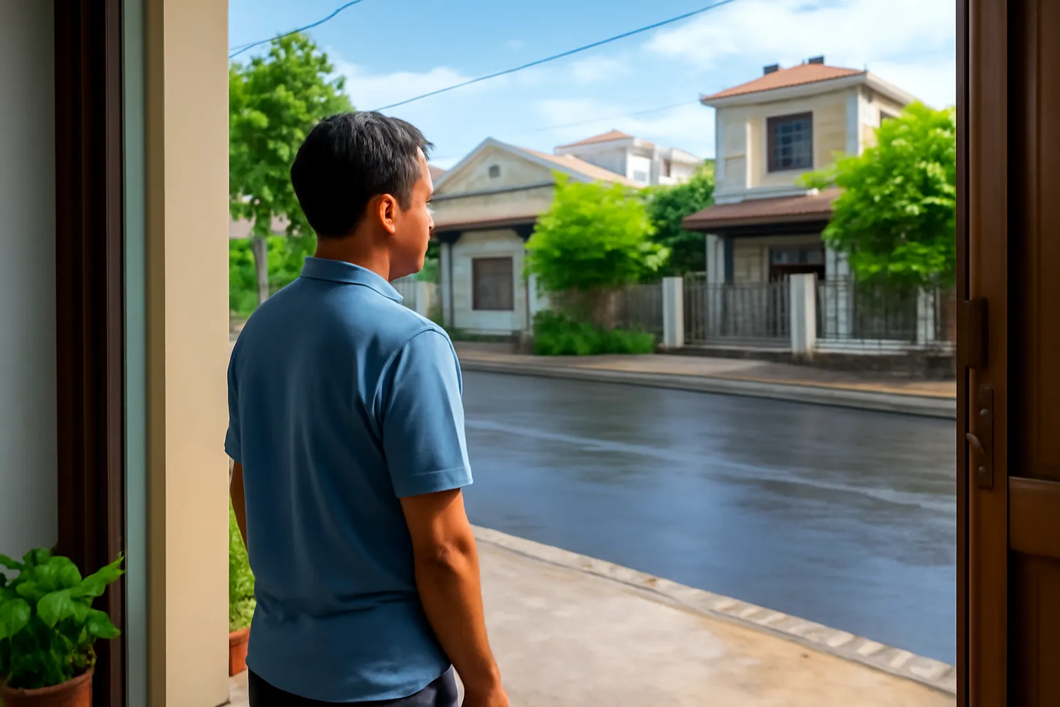 Người đàn ông đứng ở bậc cửa nhìn xuống mặt đường vừa tráng nhựa cao hơn nền nhà