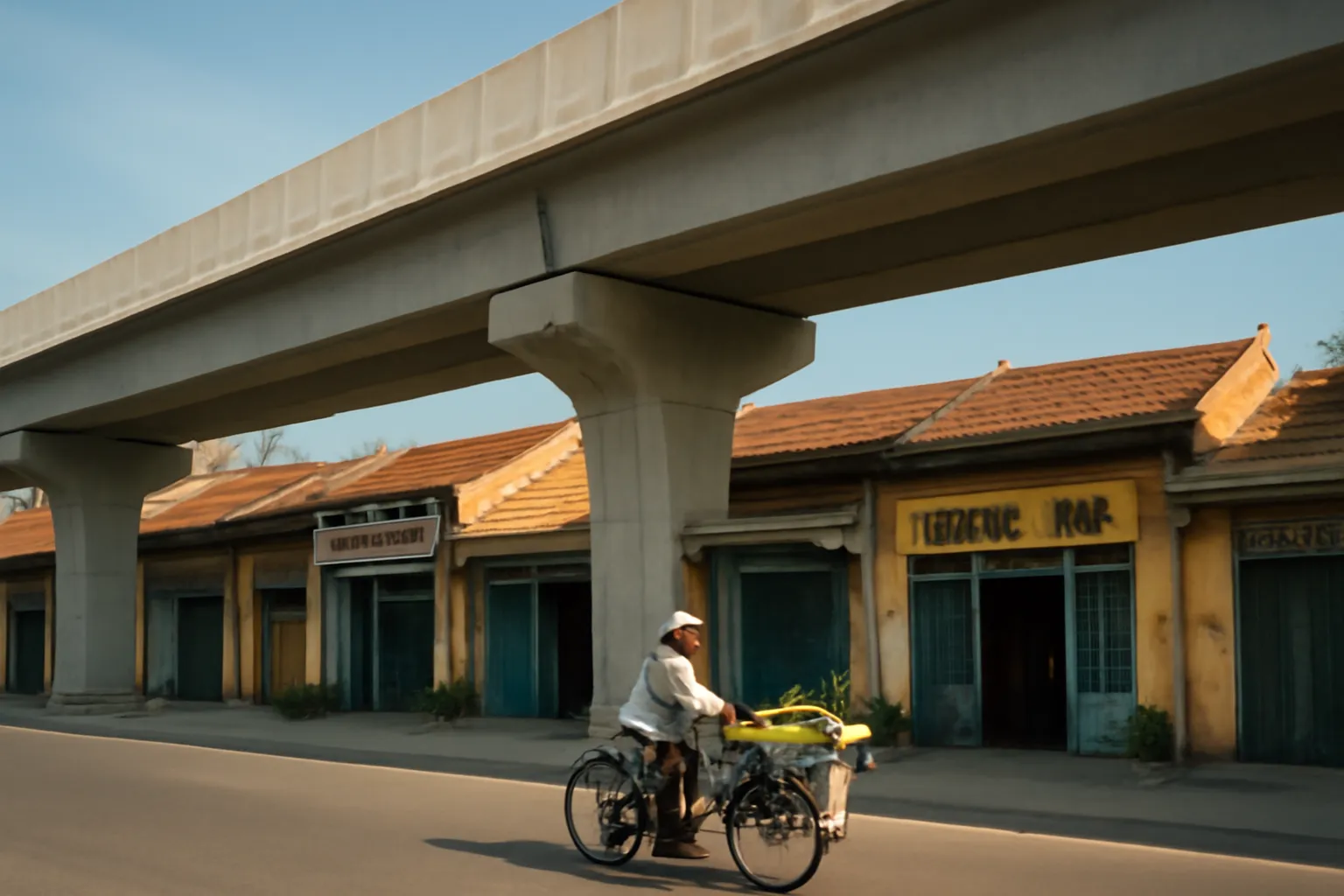 Cầu vượt bê tông mới với dãy nhà phố thấp phía dưới, người bán hàng rong đi ngang