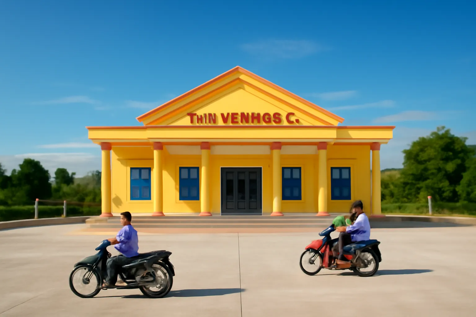 Nhà văn hoá xã mới sơn vàng với sân rộng, vài người đi xe máy ngang qua
