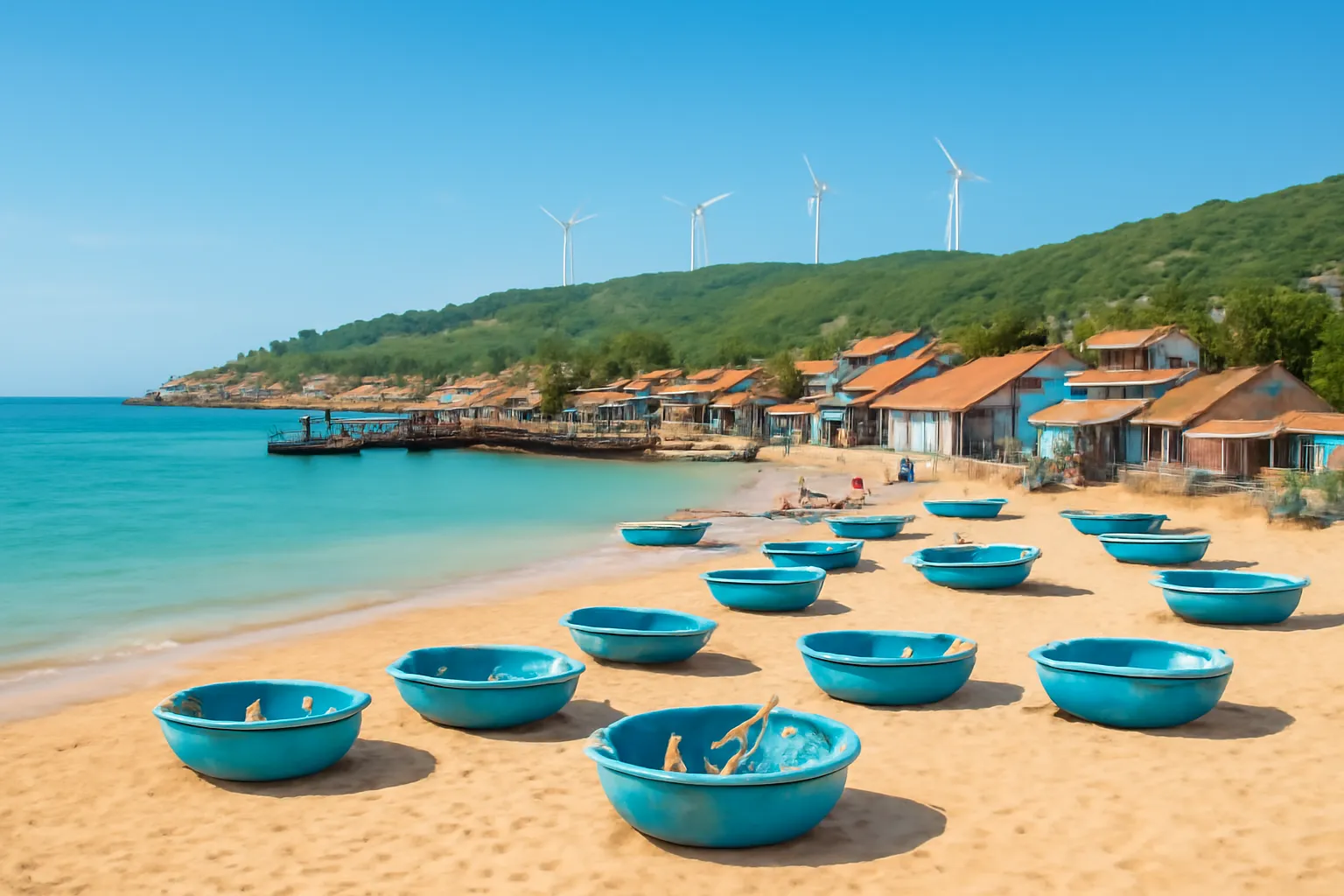 Xóm chài trên đảo nhỏ với thuyền thúng xanh trên bãi và cối xay gió phía xa