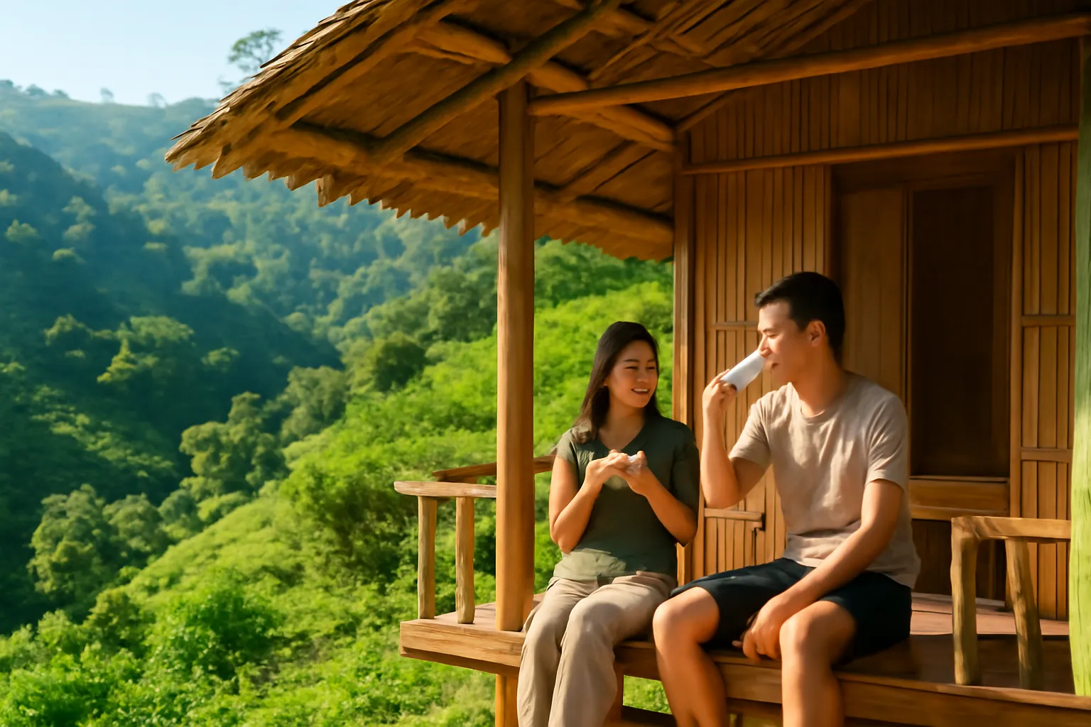 Căn homestay nhỏ bằng gỗ và tre bên sườn đồi, khách trẻ ngồi uống cà phê trên hiên