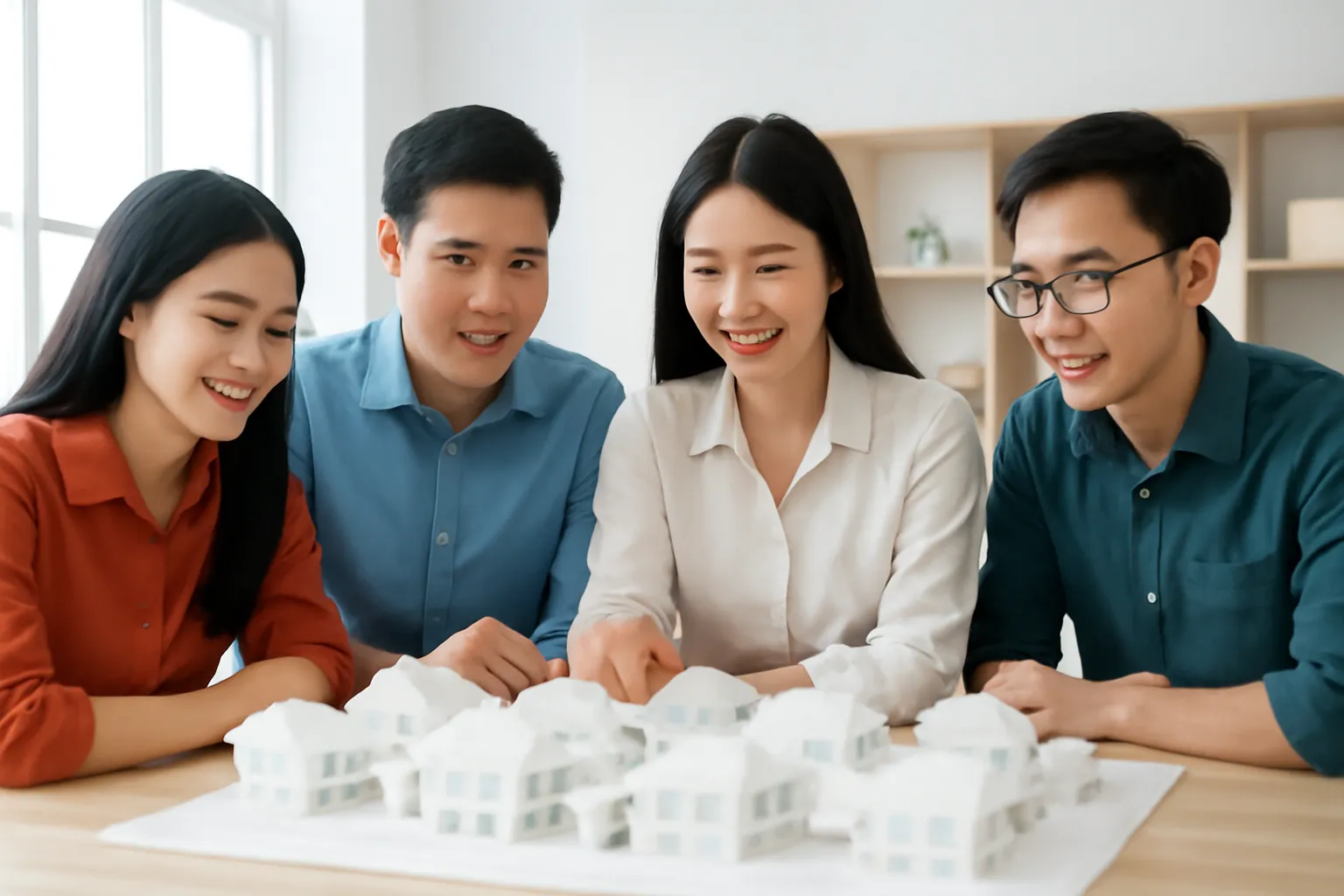 Nhóm kiến trúc sư trẻ quây quanh mô hình sa bàn trắng của một khu dân cư