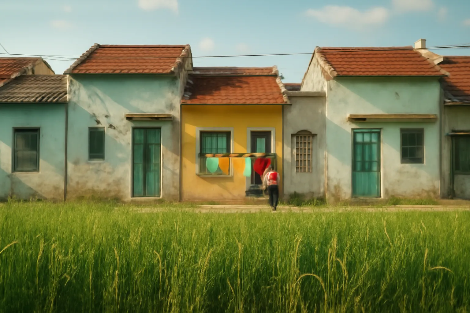 Dãy nhà cũ ven khu đất trống cỏ lau cao, một người phơi đồ trước cửa