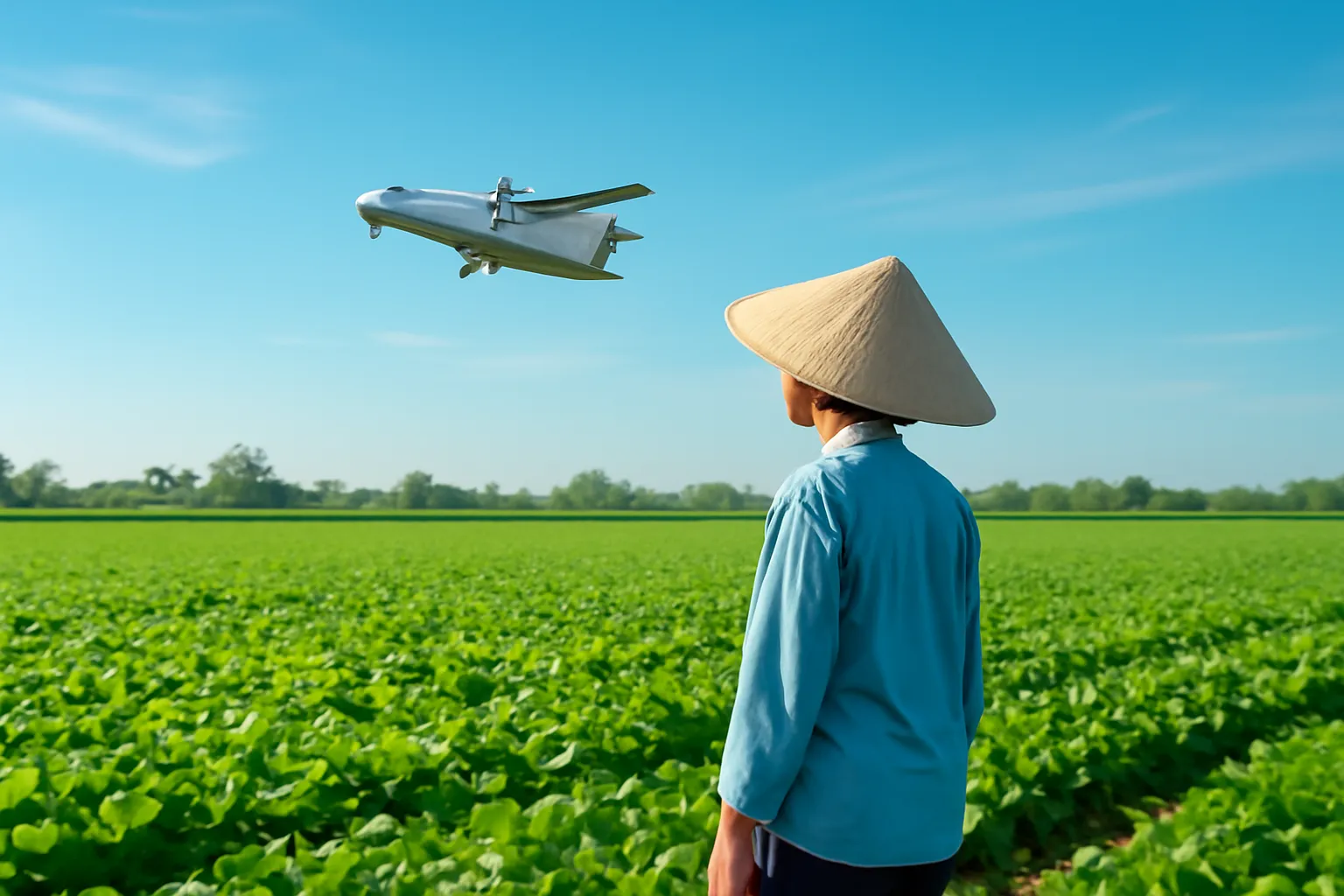 Máy bay nhỏ cất cánh phía xa sau cánh đồng rau, người nông dân ngẩng đầu nhìn