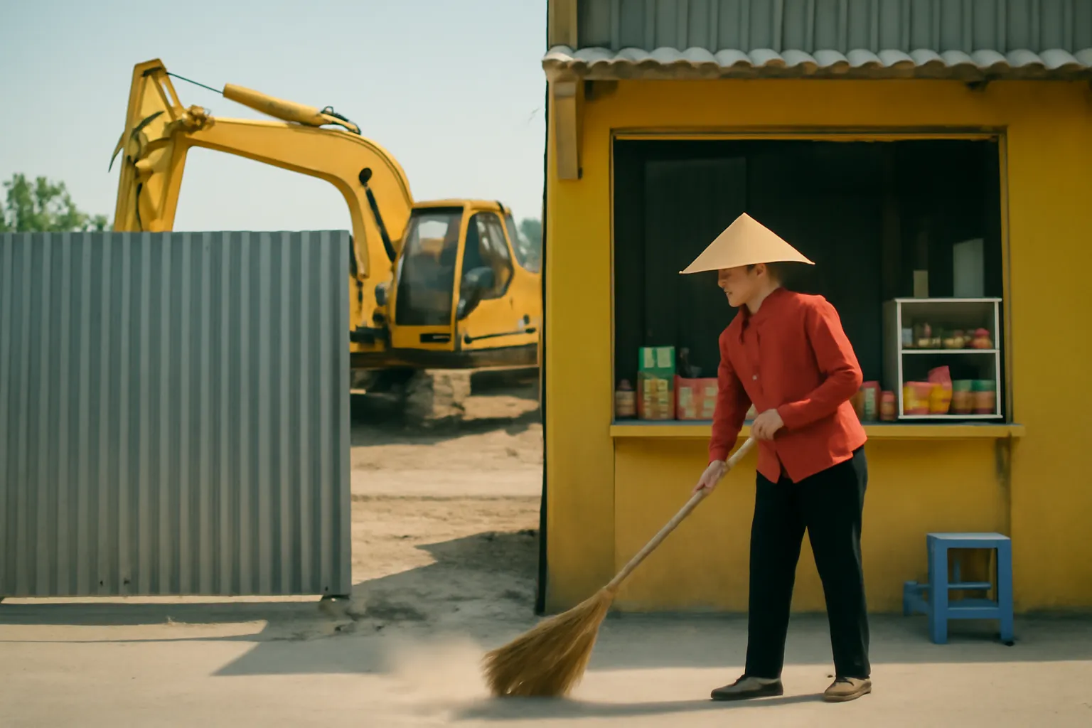 Máy xúc vàng làm việc sau hàng rào tôn, bà chủ tiệm nước quét bụi trước cửa