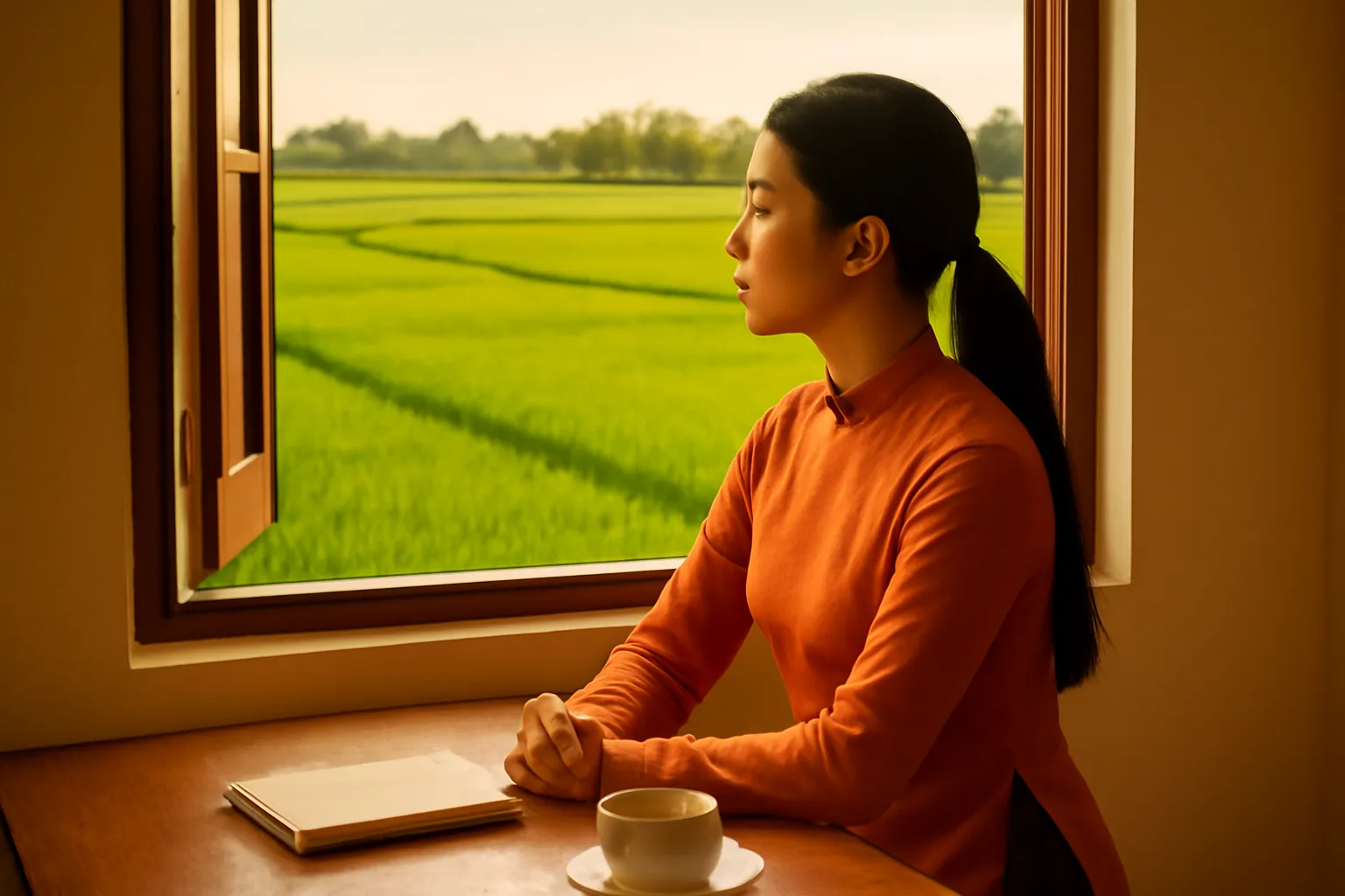 Người phụ nữ ngồi bên cửa sổ với sổ tay và cốc trà, nhìn ra cánh đồng buổi chiều