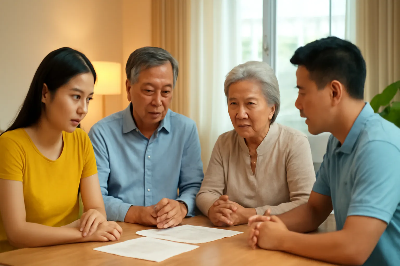 Gia đình ba thế hệ ngồi quanh bàn ăn trong nhà trò chuyện nghiêm túc dưới đèn vàng