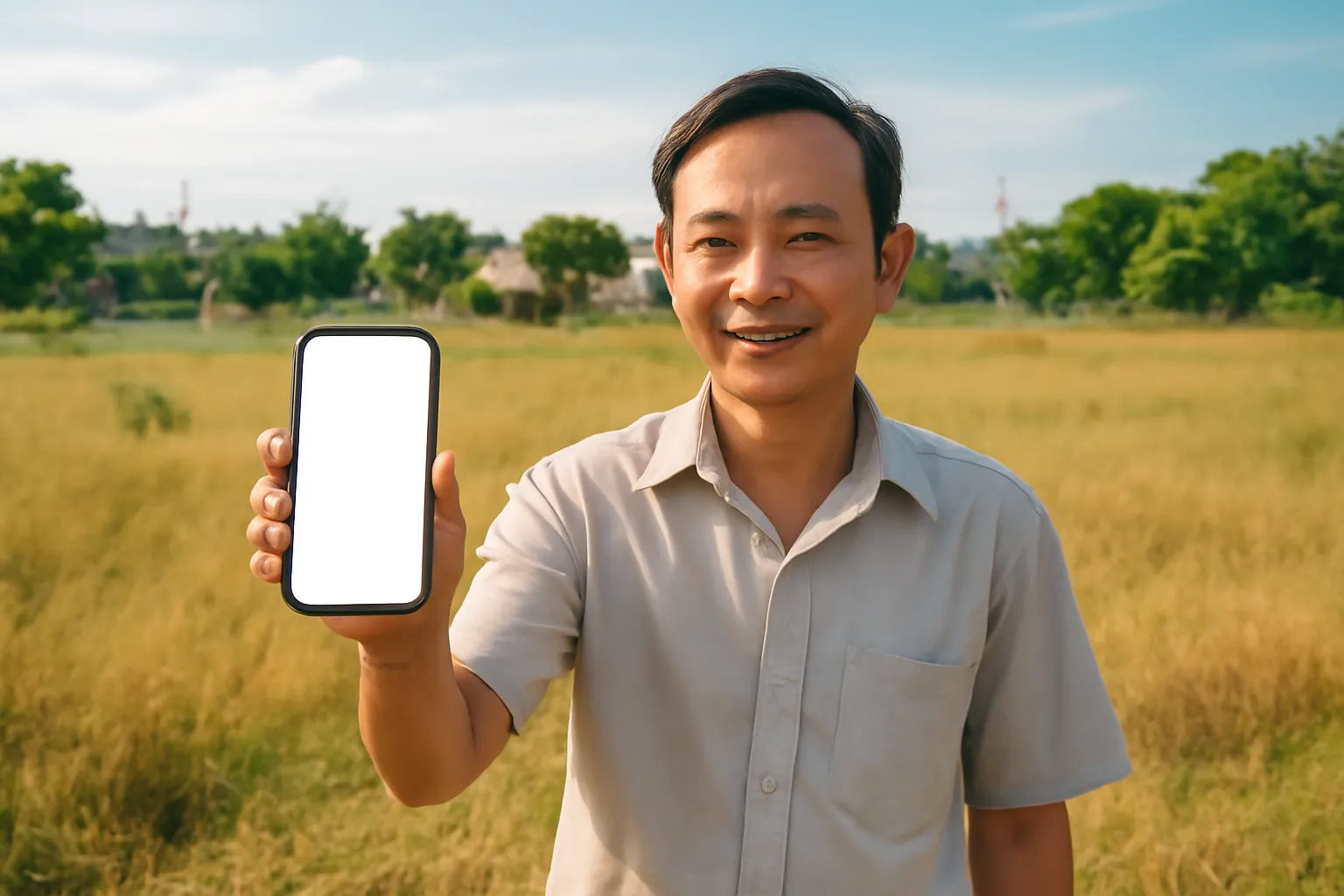 Người đàn ông trung niên đứng giữa bãi đất trống cầm điện thoại xem bản đồ