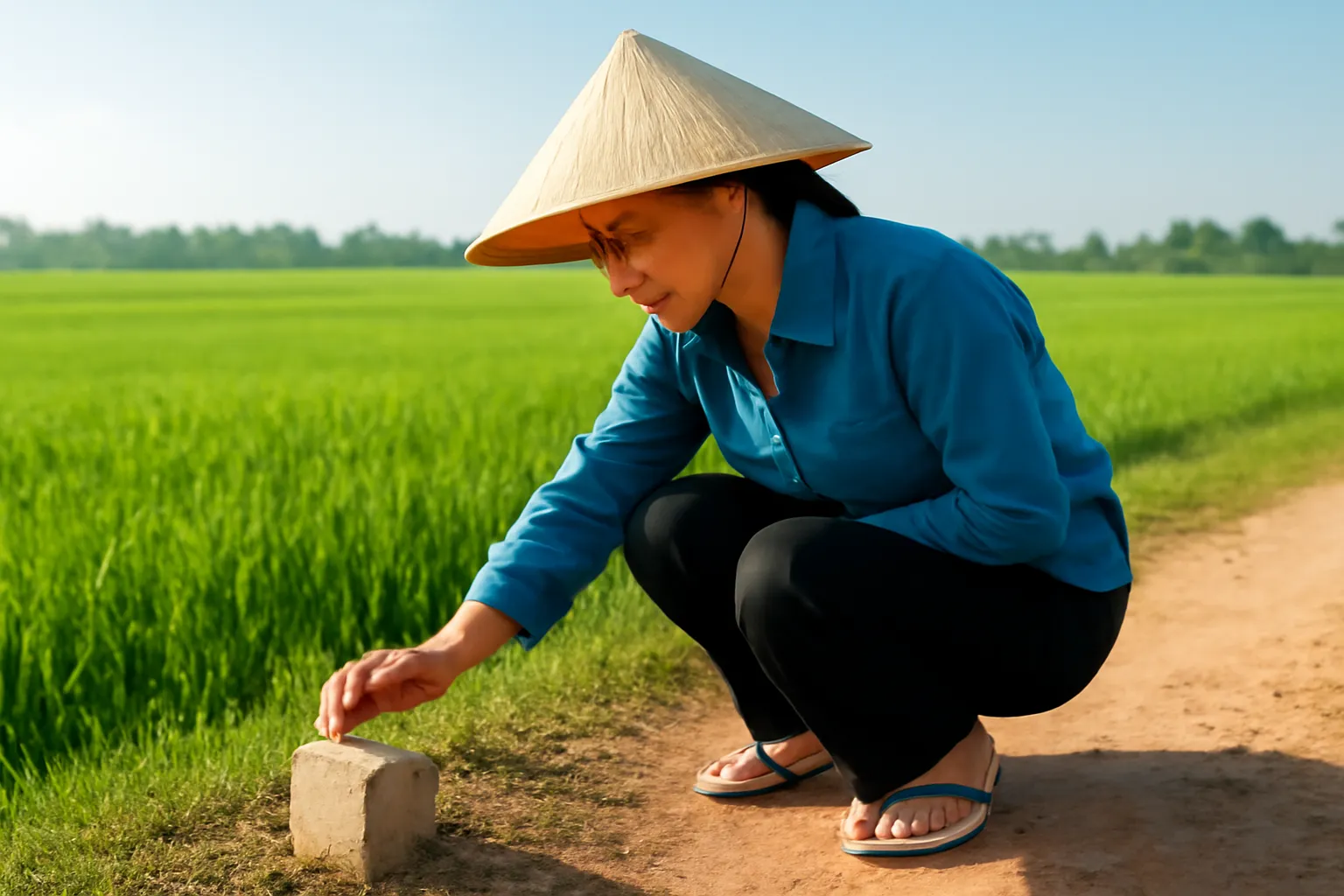 Người phụ nữ đội mũ rộng vành ngồi xổm xem cột mốc bê tông nhỏ ven đường đất